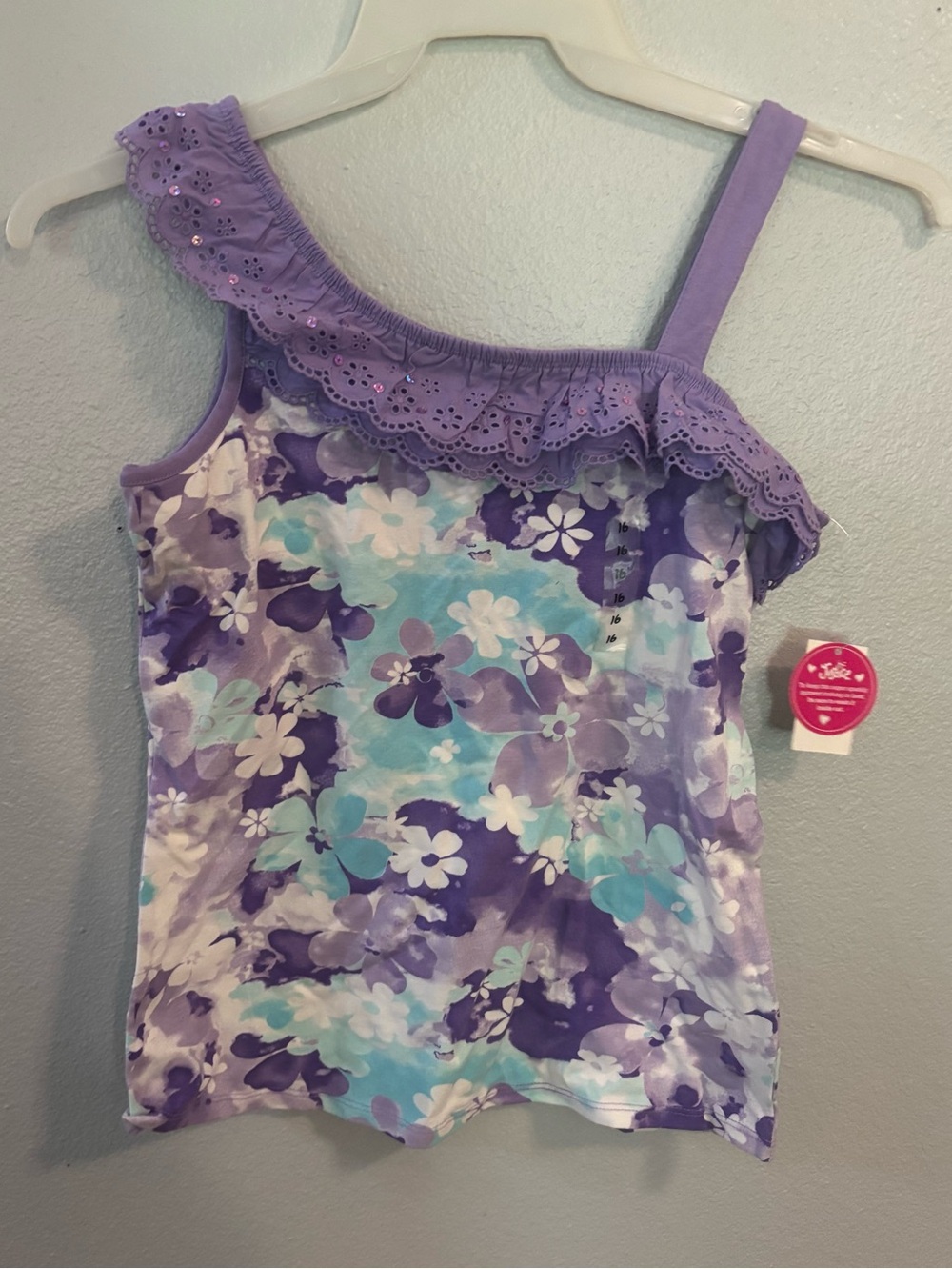 NWT Justice One Shoulder Purple Floral Tank Sz 16
